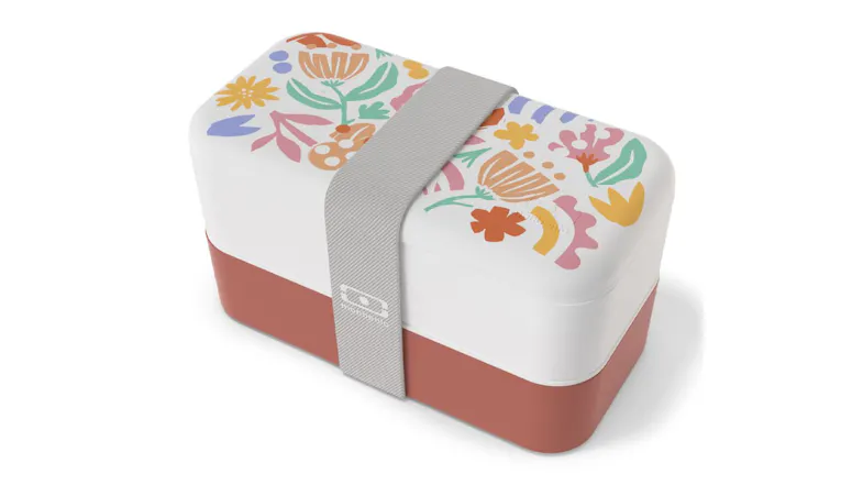 Monbento MB Original stacking bento lunch box with colourful floral lid and elastic strap Monbento MB Original stacking bento lunch box with colourful floral lid and elastic strap