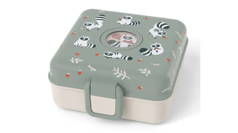 Monbento Snacky children’s bento snack box featuring a playful raccoon pattern on a green lid Monbento Snacky children’s bento snack box featuring a playful raccoon pattern on a green lid