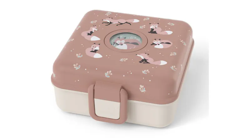 Monbento Snacky children’s bento snack box featuring a playful fox pattern on a brown lid Monbento Snacky children’s bento snack box featuring a playful fox pattern on a brown lid