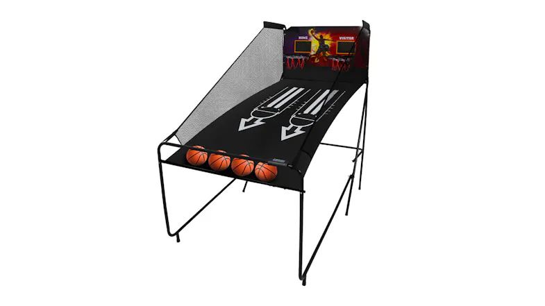 Indoor basketball Centra Folding arcade game with dual hoops, netted sides, sloped return ramp, and four basketballs Indoor basketball Centra Folding arcade game with dual hoops, netted sides, sloped return ramp, and four basketballs