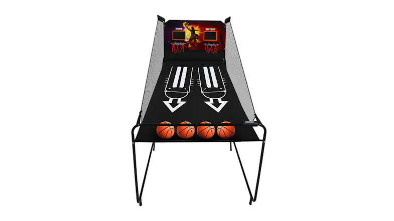 Front view of a dual-hoop basketball arcade game showing scoring targets and balls at the return tray Front view of a dual-hoop basketball arcade game showing scoring targets and balls at the return tray