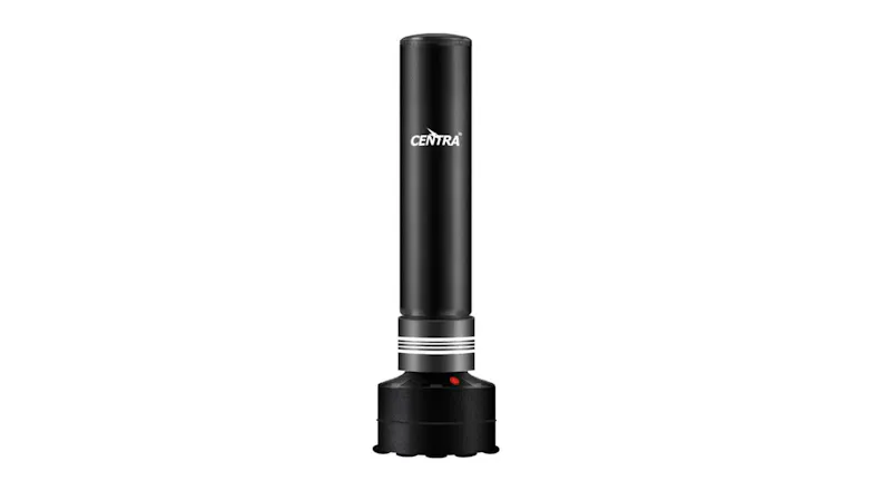Full front view of the Centra hanging punching bag in black, standing upright on a wide, round base Full front view of the Centra hanging punching bag in black, standing upright on a wide, round base