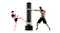 The Centra punching bag is centred, with two people on either side demonstrating use The Centra punching bag is centred, with two people on either side demonstrating use