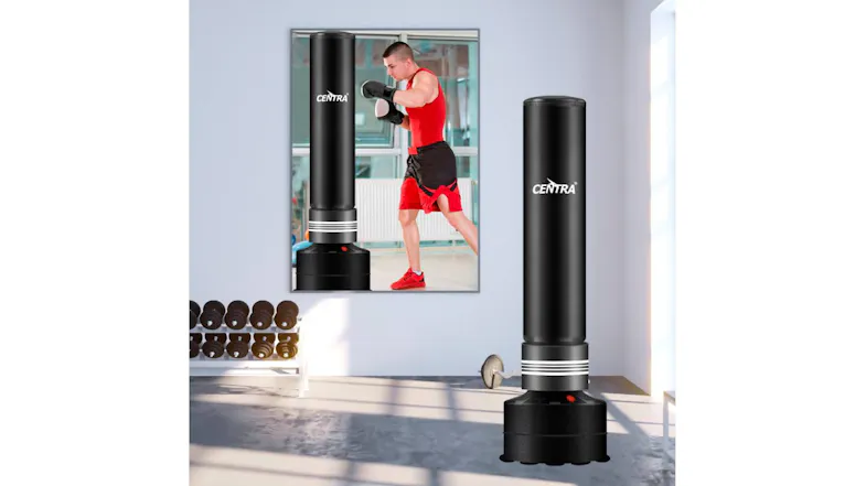 The Centra punching bag is positioned in a gym‑style room with exercise equipment The Centra punching bag is positioned in a gym‑style room with exercise equipment