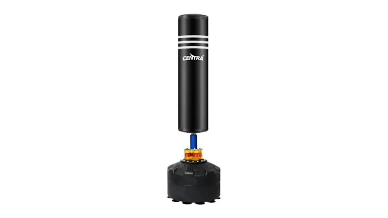 Front view of the Centra hanging punching bag in black, standing upright on a round weighted base Front view of the Centra hanging punching bag in black, standing upright on a round weighted base