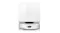 Front view of the white multifunctional docking station with the circular robotic vacuum docked inside Front view of the white multifunctional docking station with the circular robotic vacuum docked inside