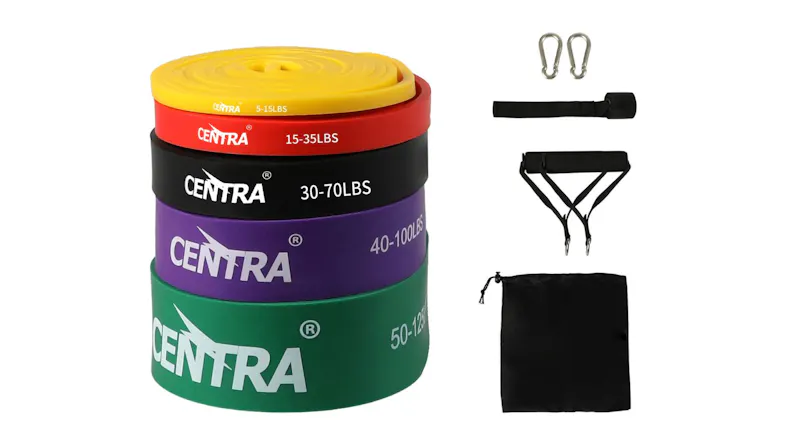 Centra heavy-duty resistance bands set with colour-coded loop bands, door anchor, handles, carabiners, and storage bag Centra heavy-duty resistance bands set with colour-coded loop bands, door anchor, handles, carabiners, and storage bag