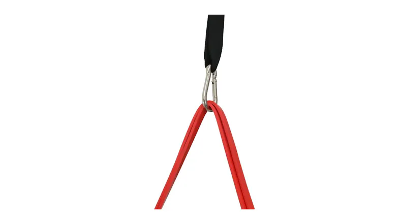 A close‑up view of the Centra resistance band attached to the handle with a metal carabiner, highlighting the durable connection point A close‑up view of the Centra resistance band attached to the handle with a metal carabiner, highlighting the durable connection point