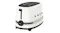 Angled view of a white Smeg Porsche Edition toaster with black racing stripes and logo Angled view of a white Smeg Porsche Edition toaster with black racing stripes and logo