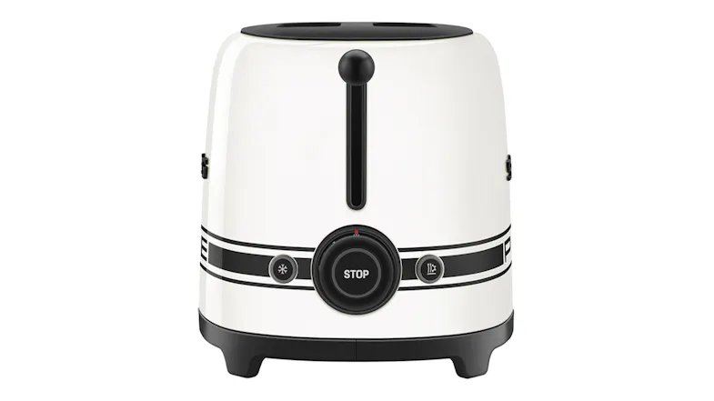 Front view of white Smeg Porsche toaster showing the stop button and browning control dial Front view of white Smeg Porsche toaster showing the stop button and browning control dial