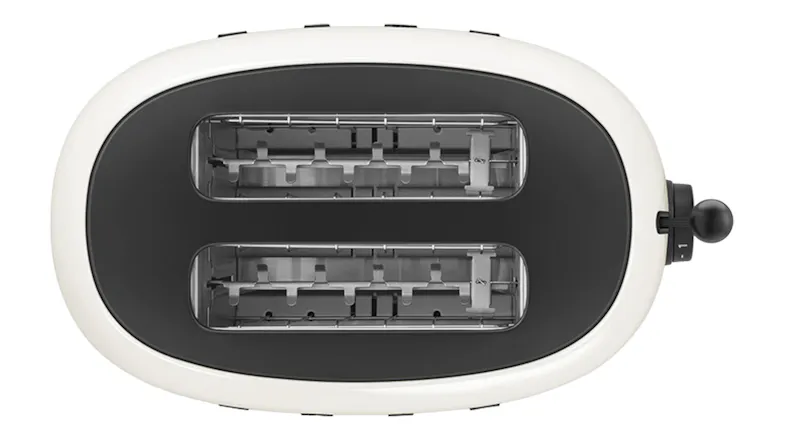 Top-down view of the Smeg Porsche toaster showing two wide slots and black top finish Top-down view of the Smeg Porsche toaster showing two wide slots and black top finish