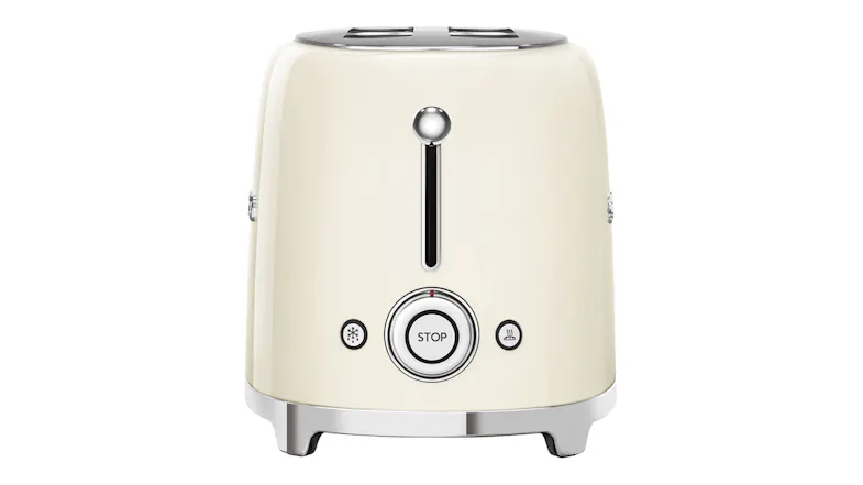Straight-on front view of the glossy cream Smeg toaster Straight-on front view of the glossy cream Smeg toaster