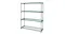 Angled view of the four-tier green storage rack with a metal frame Angled view of the four-tier green storage rack with a metal frame