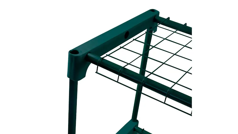 Detailed view of green storage shelf corner with snap-fit plastic connector and wire grid Detailed view of green storage shelf corner with snap-fit plastic connector and wire grid