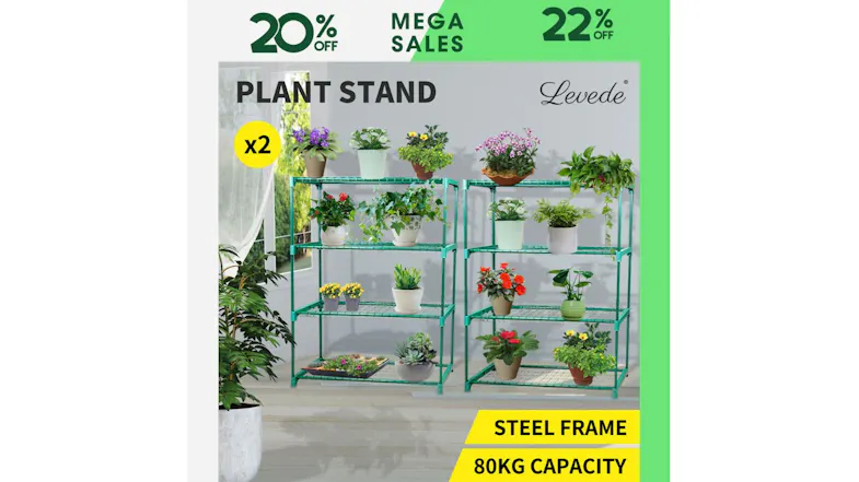Two green metal plant stands holding multiple potted plants, with a steel frame and 80kg capacity, are displayed Two green metal plant stands holding multiple potted plants, with a steel frame and 80kg capacity, are displayed