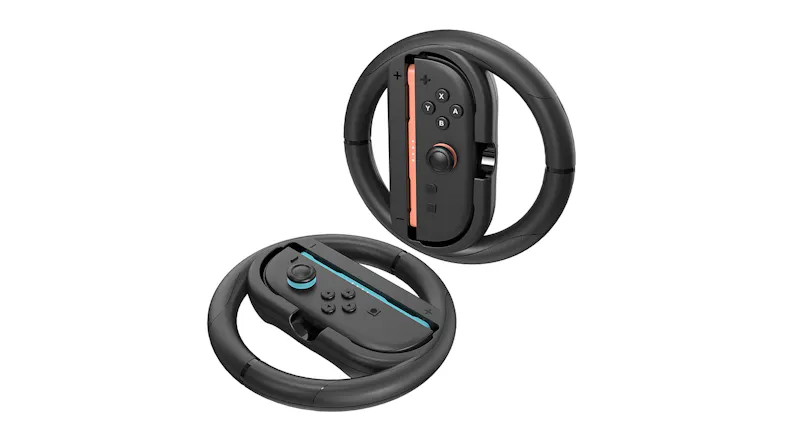 Angled view of two steering wheels with controllers inserted Angled view of two steering wheels with controllers inserted