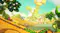 Game scene with a green dinosaur leaps through a vibrant, oversized garden world Game scene with a green dinosaur leaps through a vibrant, oversized garden world