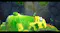 A game scene with a tiny dinosaur walking across a massive, sleeping green creature A game scene with a tiny dinosaur walking across a massive, sleeping green creature