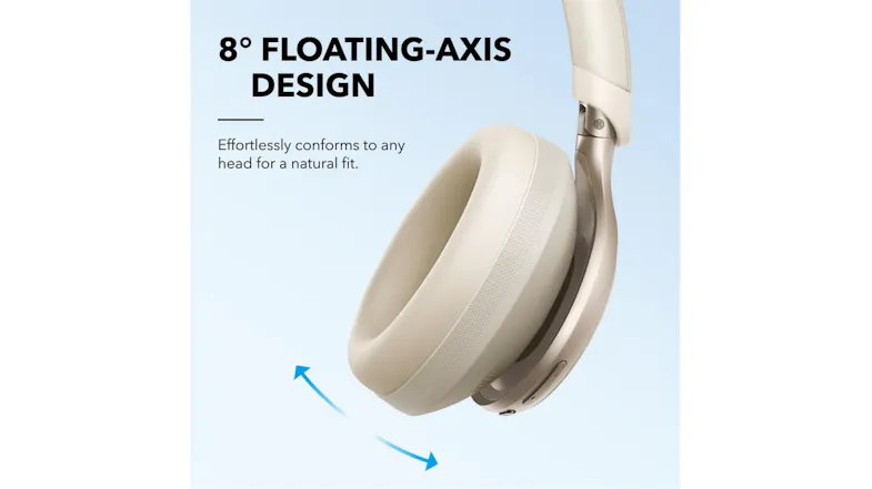 Close-up view of the pivoting ear cup illustrating the flexible axis design Close-up view of the pivoting ear cup illustrating the flexible axis design