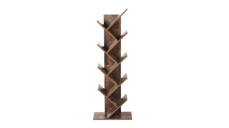 A front view of an 8‑tier wooden tree bookshelf with a dark wood finish and angled shelves on a sturdy base A front view of an 8‑tier wooden tree bookshelf with a dark wood finish and angled shelves on a sturdy base