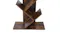 A close‑up view of the lower section of the wooden tree bookshelf showing angled shelves and a wide, stable base A close‑up view of the lower section of the wooden tree bookshelf showing angled shelves and a wide, stable base
