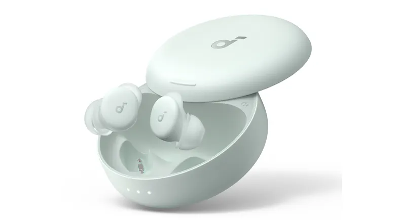 Two earbuds resting inside an open, oval charging case Two earbuds resting inside an open, oval charging case