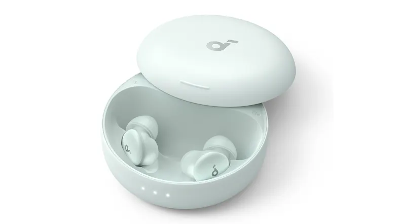 Overhead view of earbuds inside a mint green charging case Overhead view of earbuds inside a mint green charging case