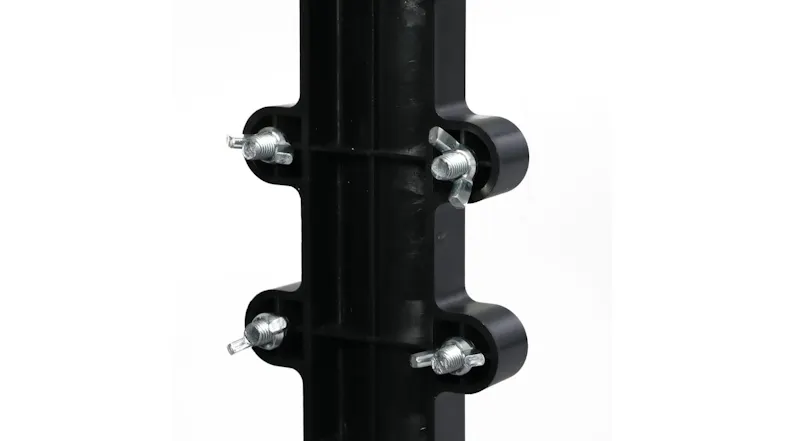A close‑up view of a trampoline basketball hoop pole mount showing metal bolts and secure fastening points A close‑up view of a trampoline basketball hoop pole mount showing metal bolts and secure fastening points