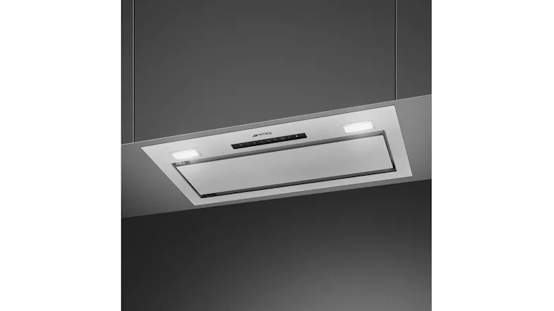 Bottom view of the Smeg classic rangehood with lights on Bottom view of the Smeg classic rangehood with lights on