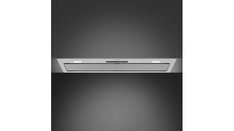 Bottom view of the Smeg classic rangehood with lights on Bottom view of the Smeg classic rangehood with lights on