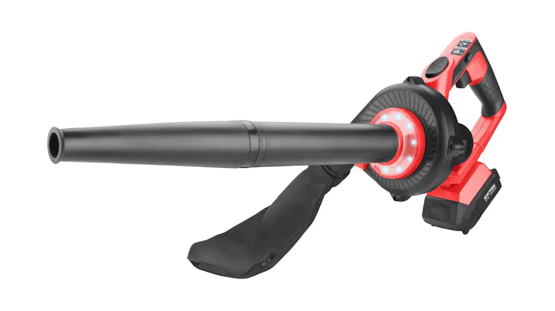 Cordless leaf blower with long nozzle and vacuum bag attached, red and black design Cordless leaf blower with long nozzle and vacuum bag attached, red and black design