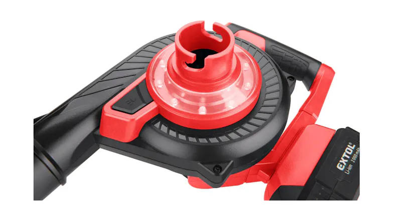 Top view of cordless leaf blower air inlet and motor housing in red and black Top view of cordless leaf blower air inlet and motor housing in red and black
