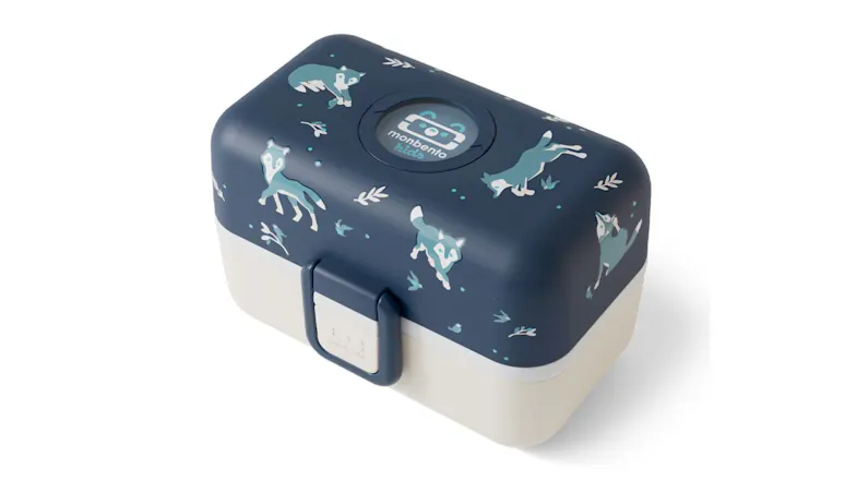 Monbento Tresor Children's Bento Lunch Box featuring playful wolf pattern in blue lid and beige base Monbento Tresor Children's Bento Lunch Box featuring playful wolf pattern in blue lid and beige base