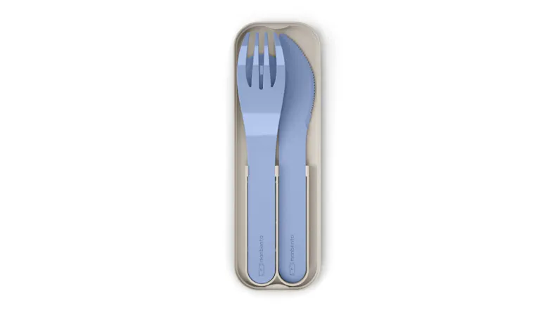 Monbento Pocket portable cutlery set with blue fork, spoon, and knife neatly stored in a reusable case Monbento Pocket portable cutlery set with blue fork, spoon, and knife neatly stored in a reusable case