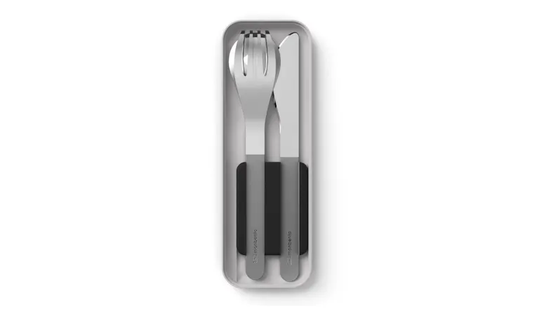 Monbento Slim Nest portable cutlery trio in a case with stainless steel fork, spoon, and knife neatly arranged Monbento Slim Nest portable cutlery trio in a case with stainless steel fork, spoon, and knife neatly arranged