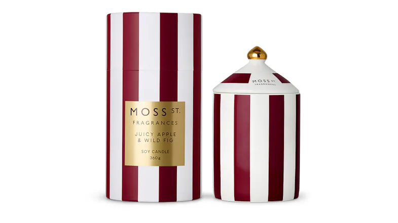 Moss St. Fragrances Juicy Apple & Wild Fig soy candle shown next to its ceramic lid Moss St. Fragrances Juicy Apple & Wild Fig soy candle shown next to its ceramic lid