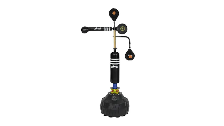 Front view of the freestanding Centra 5‑in‑1 adjustable boxing trainer with three padded targets and a weighted base Front view of the freestanding Centra 5‑in‑1 adjustable boxing trainer with three padded targets and a weighted base