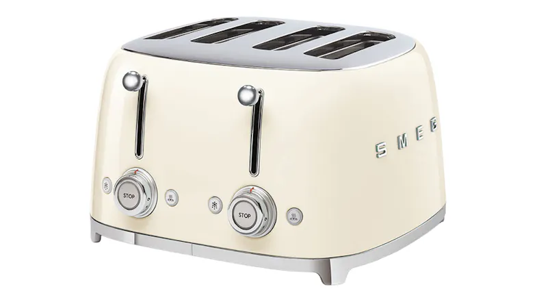 An angled view of the Smeg 50's Style 4 Slot Toaster An angled view of the Smeg 50's Style 4 Slot Toaster