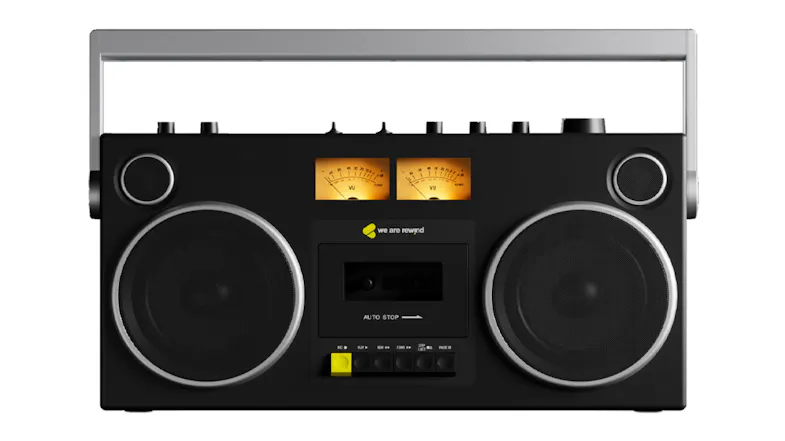Black We Are Rewind Blaster retro-style boombox with dual speakers, a cassette deck, VU meters, control knobs, and a carrying handle Black We Are Rewind Blaster retro-style boombox with dual speakers, a cassette deck, VU meters, control knobs, and a carrying handle
