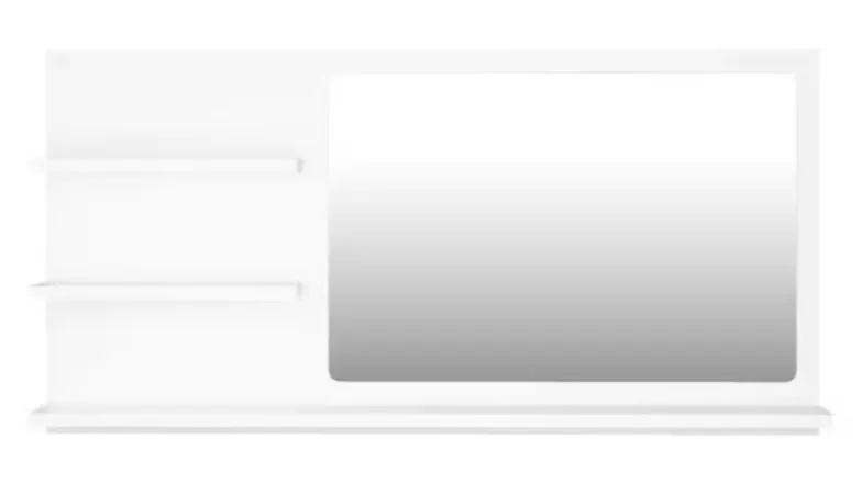 A white wall-mounted bathroom mirror cabinet with integrated side shelves and a bottom ledge A white wall-mounted bathroom mirror cabinet with integrated side shelves and a bottom ledge