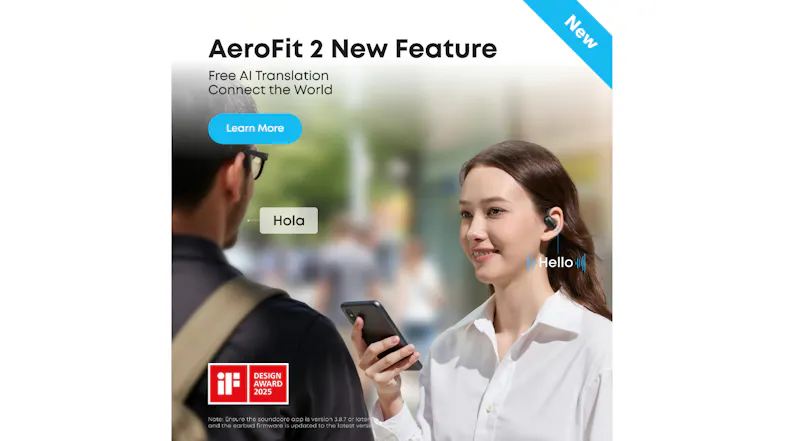 A woman wearing a Soundcore earbud while using AI translation with a man A woman wearing a Soundcore earbud while using AI translation with a man