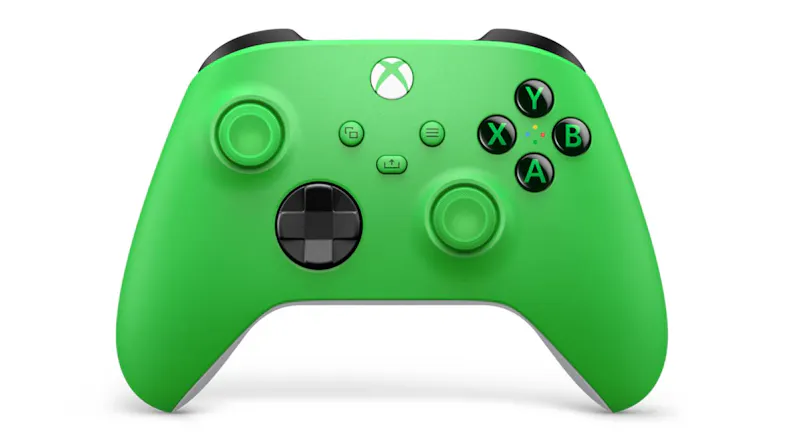 Velocity green Xbox wireless controller with black buttons, thumbsticks, and triggers Velocity green Xbox wireless controller with black buttons, thumbsticks, and triggers
