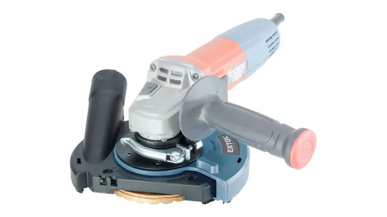 An angle grinder fitted with a 125 mm dust extraction hood, showing full assembly with side handle An angle grinder fitted with a 125 mm dust extraction hood, showing full assembly with side handle