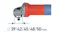Angle grinder spindle compatibility diagram showing supported collar diameters from 39 mm to 50 mm for the dust extraction hood Angle grinder spindle compatibility diagram showing supported collar diameters from 39 mm to 50 mm for the dust extraction hood