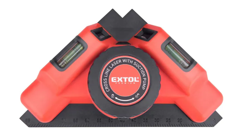 A front view of the Extol right-angle laser level with built‑in bubble vials and measurement scale A front view of the Extol right-angle laser level with built‑in bubble vials and measurement scale