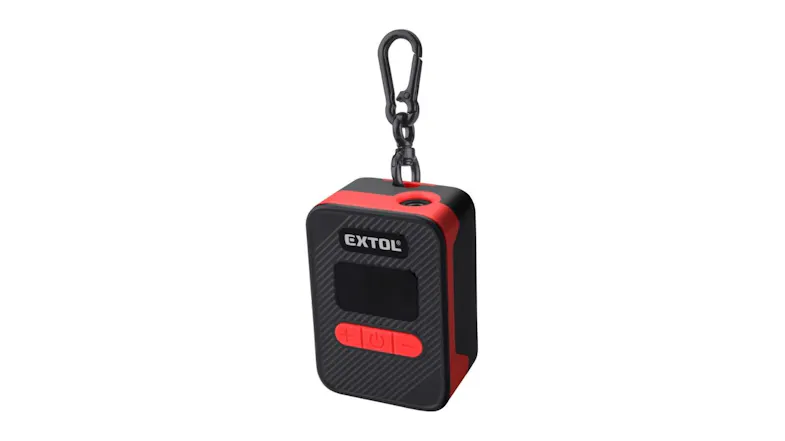 An angled view of the Extol mini battery‑powered air compressor with digital display, control buttons, and carabiner An angled view of the Extol mini battery‑powered air compressor with digital display, control buttons, and carabiner