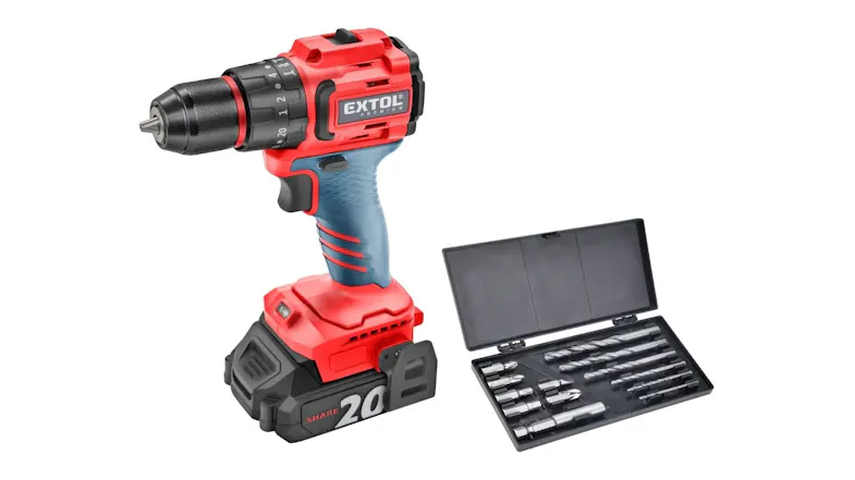 Extol Premium SHARE20V cordless drill with battery installed, shown alongside a drill bit set in a compact storage case Extol Premium SHARE20V cordless drill with battery installed, shown alongside a drill bit set in a compact storage case