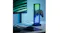 Dock with a green and blue grid lighting, holding a black controller Dock with a green and blue grid lighting, holding a black controller