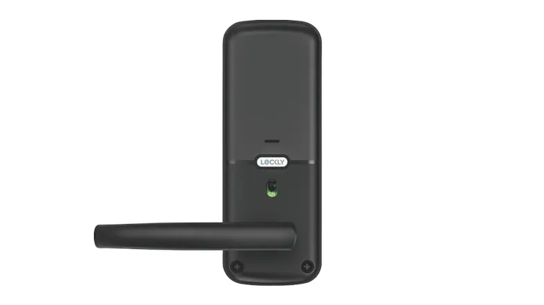 Lockly Pro Latch smart door lock interior handle in silver finish, showing manual lever design and built‑in lock status indicator Lockly Pro Latch smart door lock interior handle in silver finish, showing manual lever design and built‑in lock status indicator
