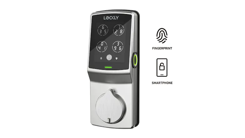 Modern Lockly smart lock with touchscreen PIN pad, fingerprint access, and smartphone compatibility icons Modern Lockly smart lock with touchscreen PIN pad, fingerprint access, and smartphone compatibility icons